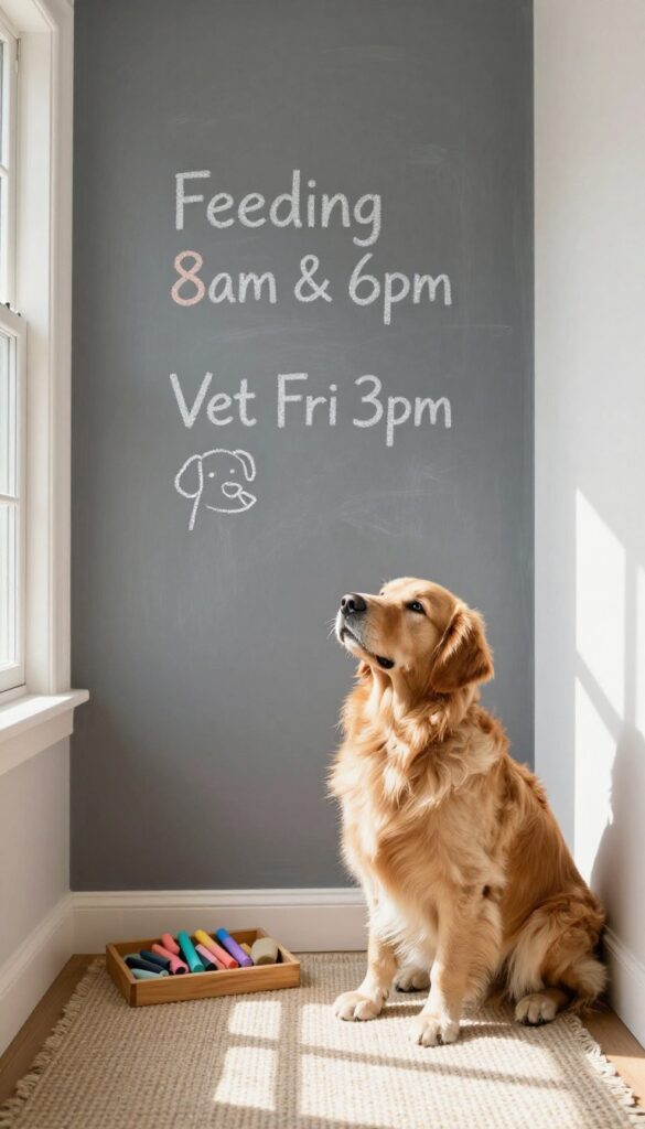 Chalkboard wall with dog schedule and notes in a bright, cozy home with a golden retriever nearby.