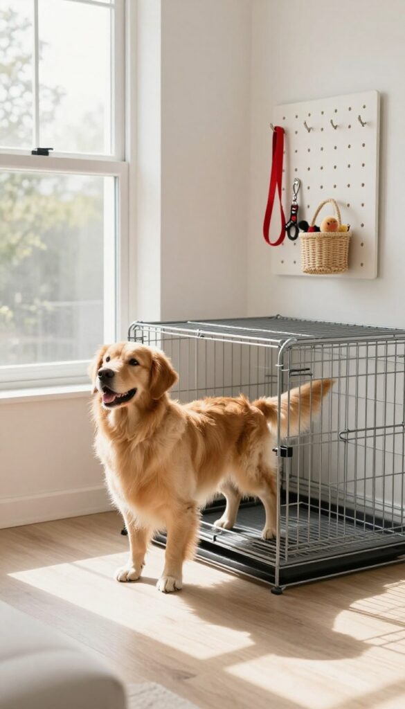 Dog crate with pegboard above holding leashes, collars, and toys in bright, organized home setting