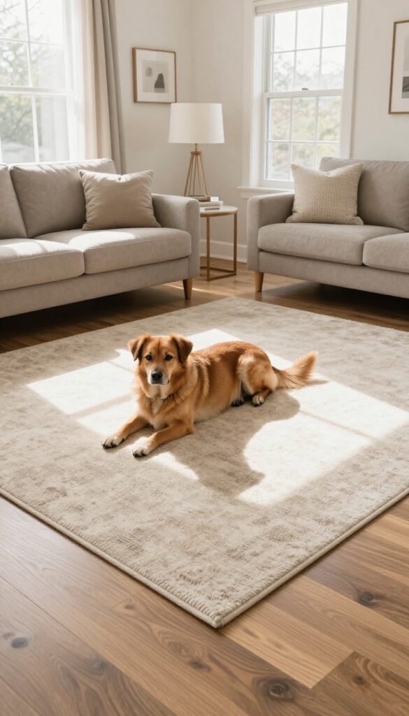 Dog lying on a durable area rug over scratch-resistant flooring in a sunlit living room