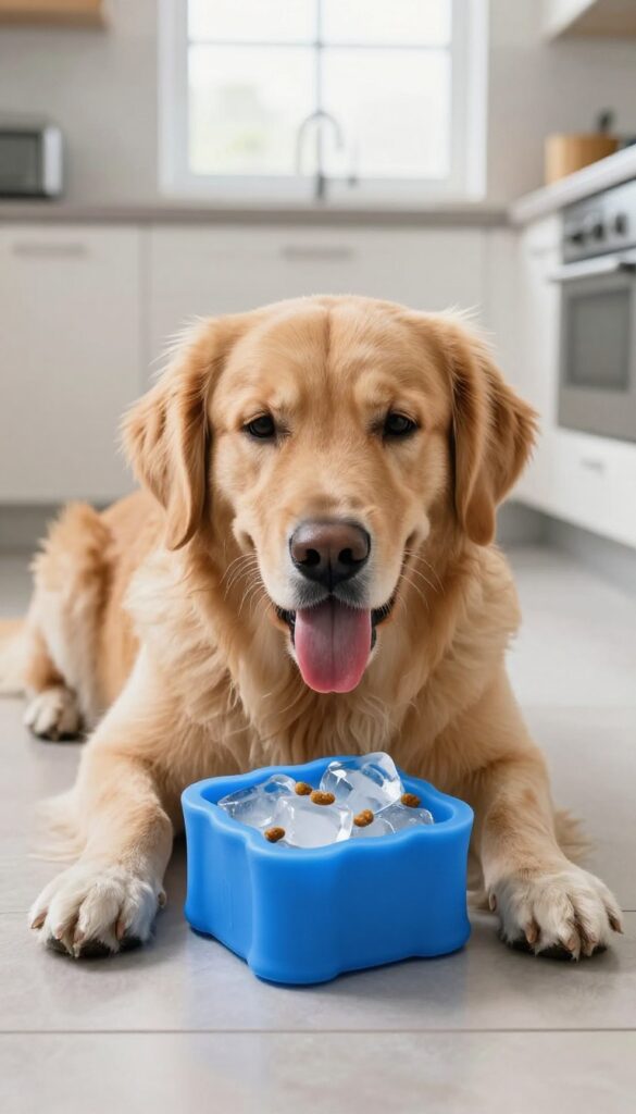 Golden retriever licking a frozen treat ice cube on kitchen floor