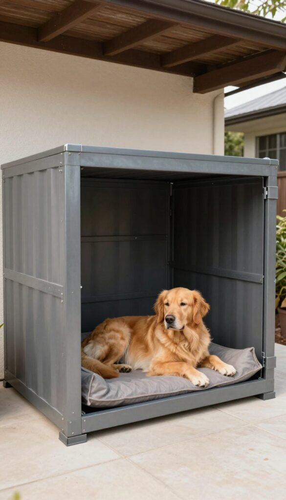Outdoor patio kennel enclosure with a Golden Retriever resting on a waterproof bed inside a metal panel kennel under a covered patio.