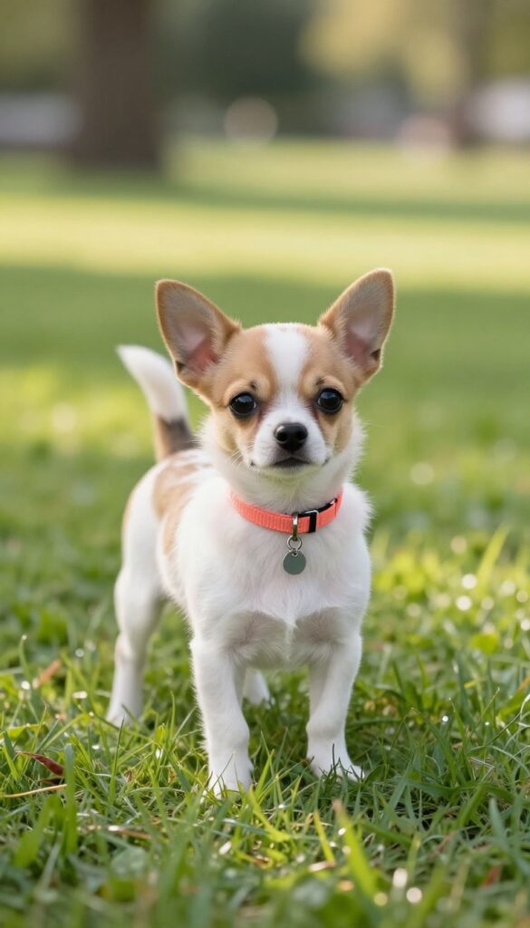 Small Chihuahua puppy with coral collar and charm tag standing on grass in natural light