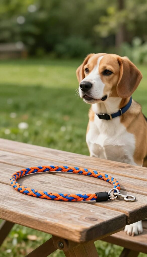 DIY paracord slip-leash on a wooden table with a beagle sitting beside it