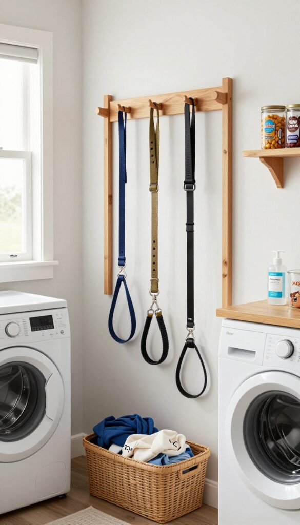 Wall-mounted leash and collar rack in a laundry room