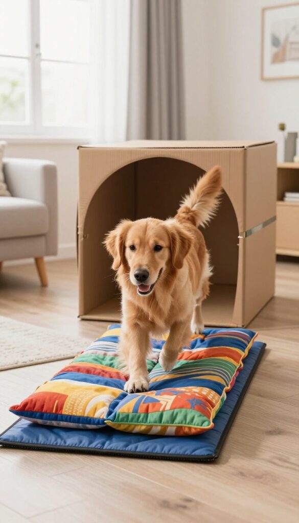 Dog jumping over pillows in a living room obstacle course with cardboard tunnel and chair tunnel.