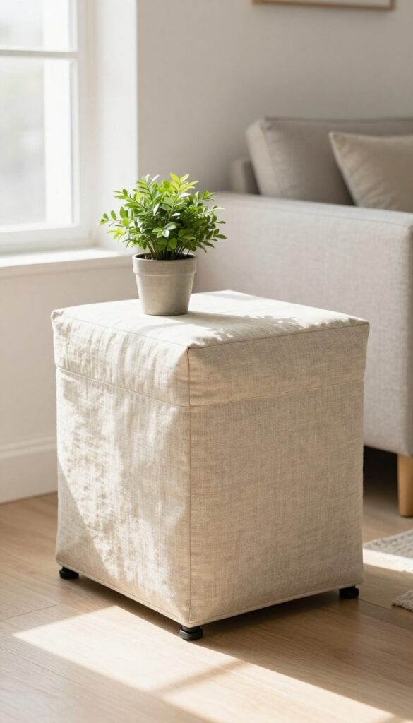 Dog crate with custom slipcover blending into living room decor as a side table