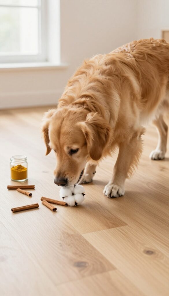 Golden retriever sniffing a cotton ball with spices on hardwood floor