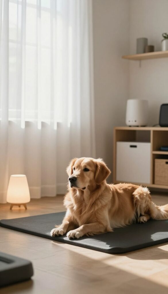 A softly lit training room with natural light, a lamp, and a white noise machine, featuring a calm dog on a mat.