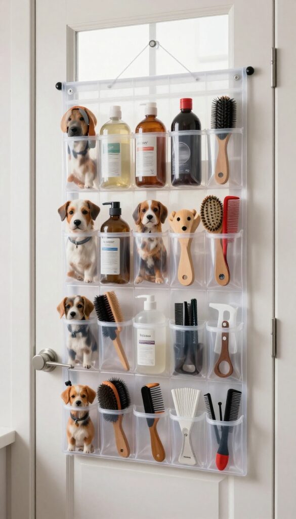 Clear over-the-door shoe organizer filled with dog grooming bottles and brushes, hanging on a white door in a bright grooming room.
