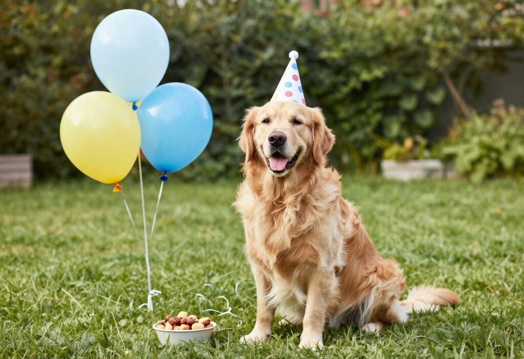 Golden retriever wearing a party hat in a backyard with birthday decorations and treats.