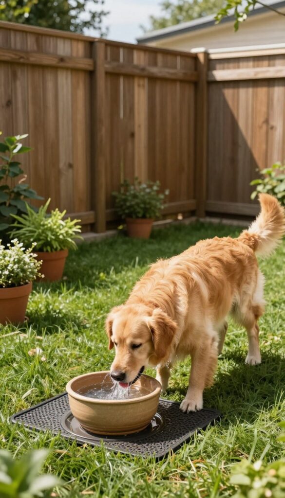 Dog drinking from a splash-proof water station in a shaded backyard