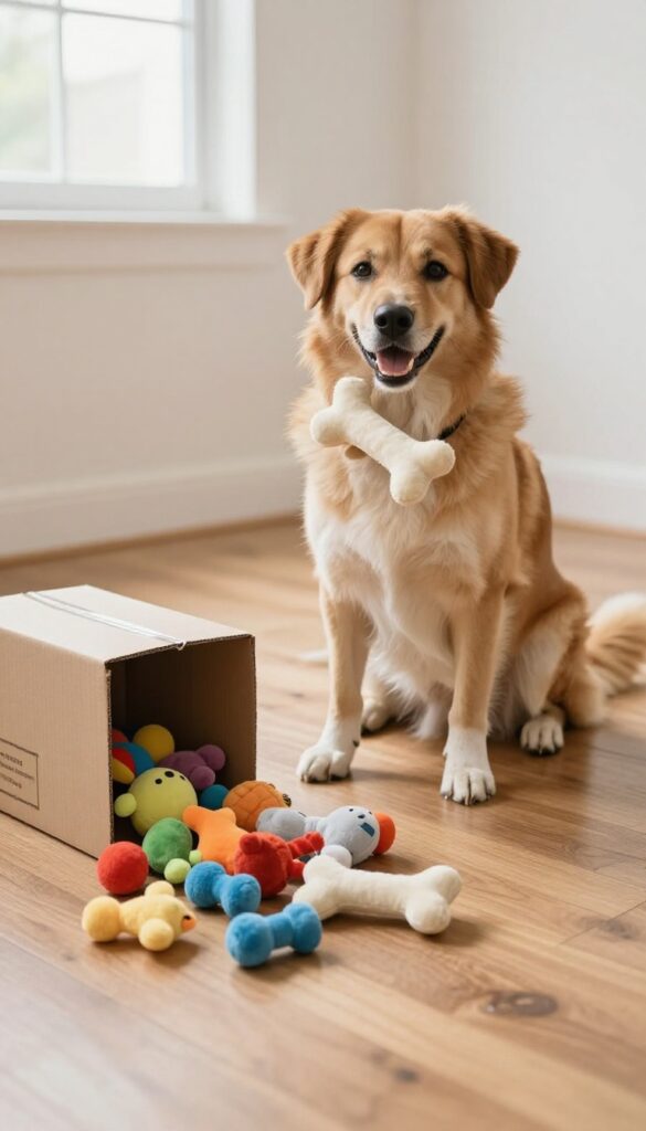 Dog sitting next to a subscription box with plush toys spilling out, holding a toy in mouth.