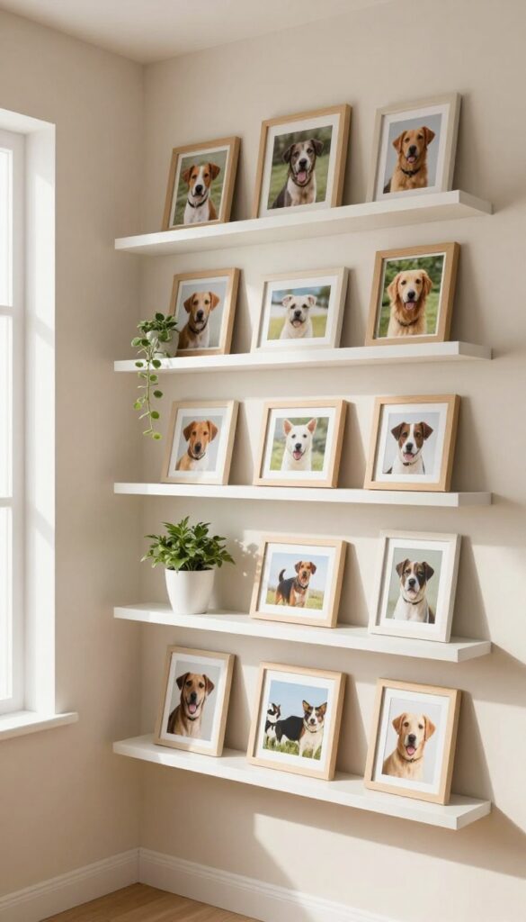 Floating shelves with framed dog photos, small plant, and ceramic dog figurine in a cozy living room corner