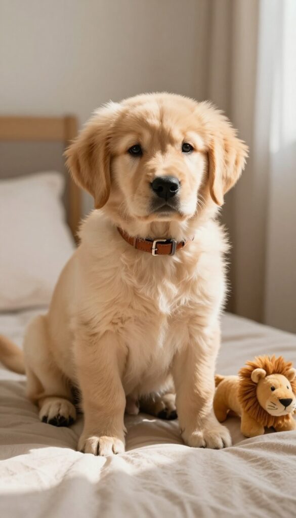 Golden retriever puppy with leather collar and lion toy on earthy bed in sunlit room