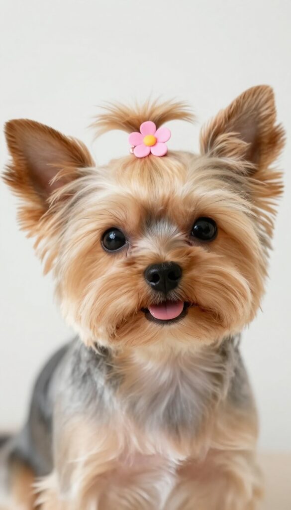Small fluffy dog with a decorative flower hair clip in its fur, photorealistic lifestyle photography