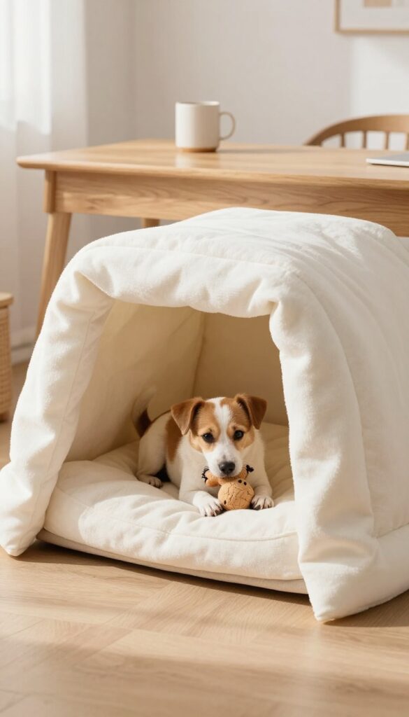 A dog relaxing in a cozy den under a desk, created with a blanket draped over the table, soft bed, and chew toy.