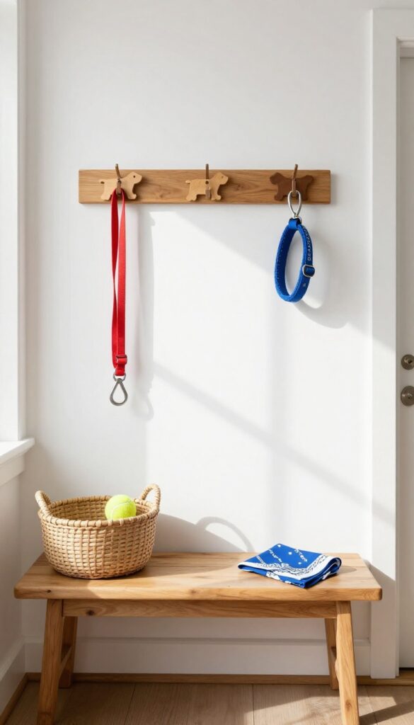 Wall-mounted bone-shaped hooks holding a leash and collar in a bright entryway