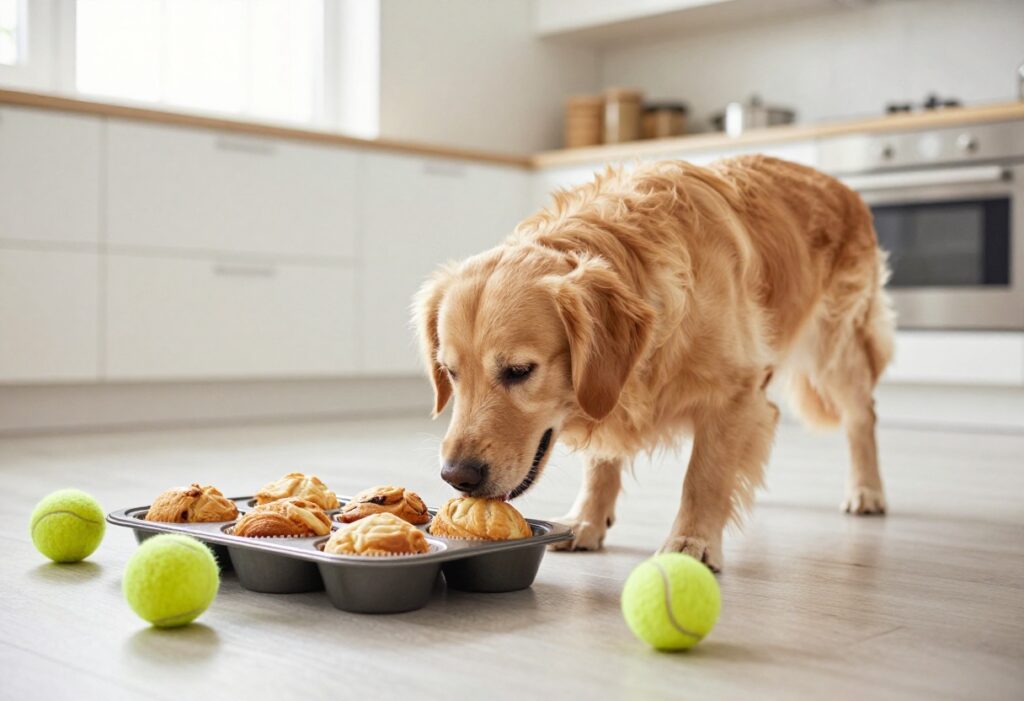 Golden retriever playing with a muffin tin puzzle game on a kitchen floor