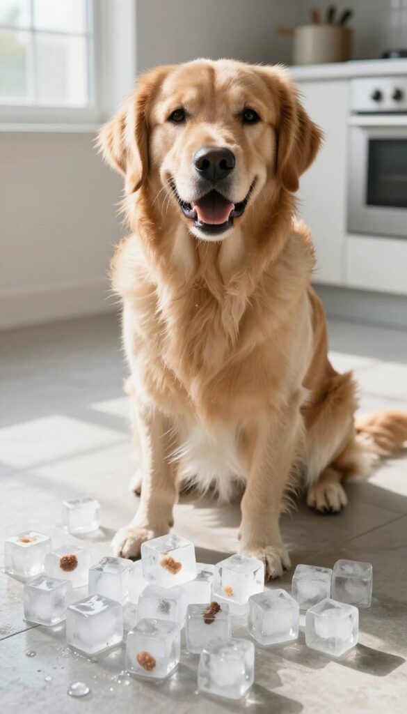 Dog sniffing ice cubes with frozen treats on kitchen floor