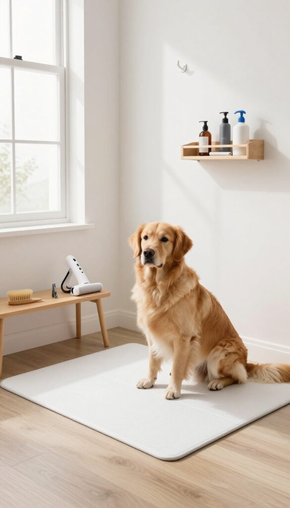 A dedicated DIY grooming corner for dogs with a non-slip mat, grooming tools, and a calm golden retriever.