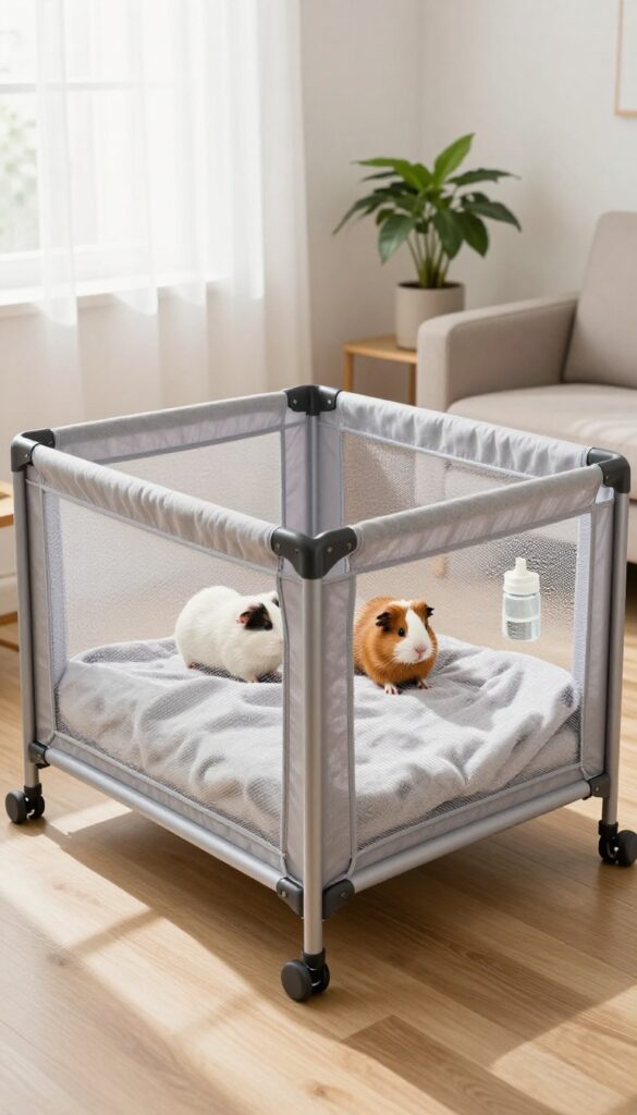 Foldable metal playpen set up in a bright living room with two guinea pigs inside, lined with fleece, natural light, clean and minimalistic.