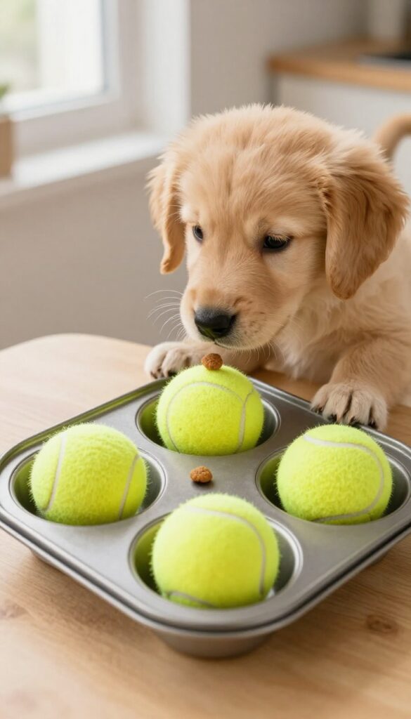 Golden retriever puppy sniffing a muffin tin puzzle with tennis balls on a kitchen counter