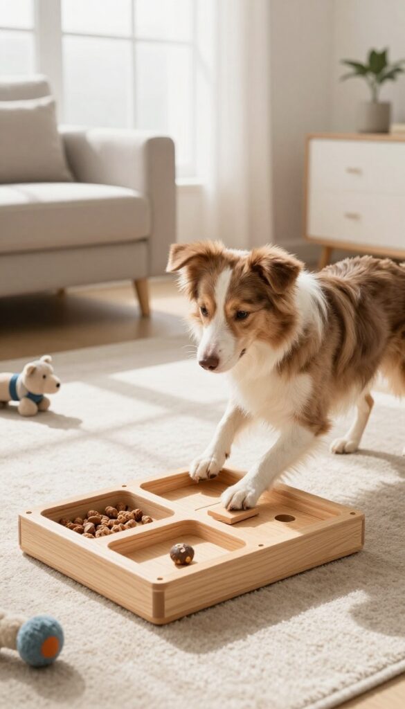Dog solving a puzzle board with sliding compartments on a living room floor