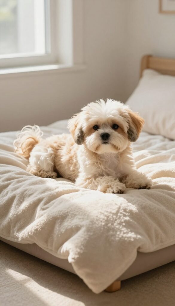 A small fluffy puppy resting on a soft plush bed in a cozy sunny corner
