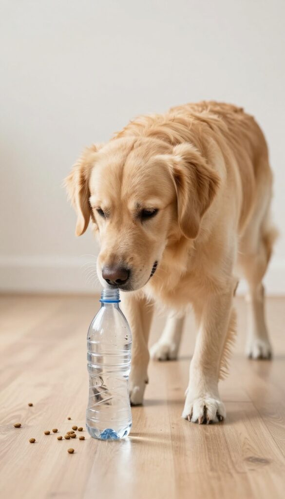 Dog playing with a plastic bottle treat dispenser on hardwood floor