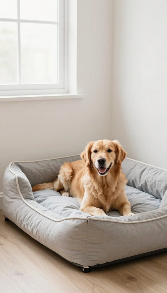 Washable dog bed with removable cover in a bright living room, golden retriever resting on it.