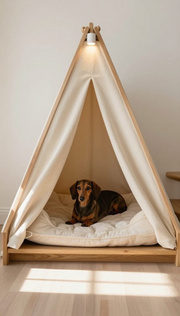 Cozy under-stairs dog cave with soft bed, curtain, and warm light, small dog resting inside.