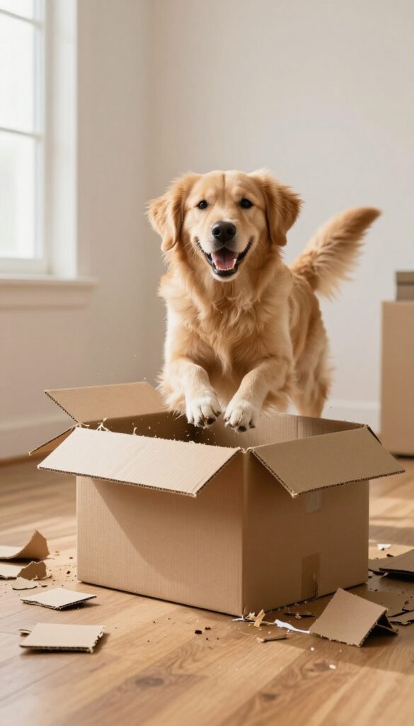 Golden retriever shredding a cardboard box on hardwood floor in bright natural light