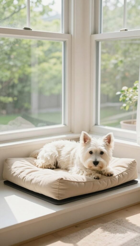 Cozy window perch with small dog sunbathing on cushion, bright natural light, clean composition.