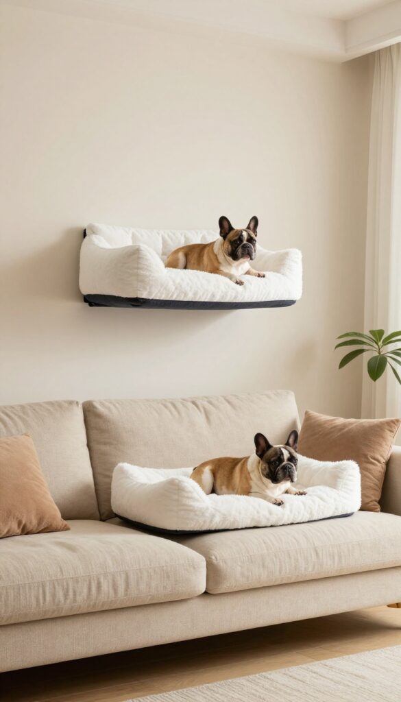 Wall-mounted dog bed with canopy in a cozy living room corner, small dog resting on it