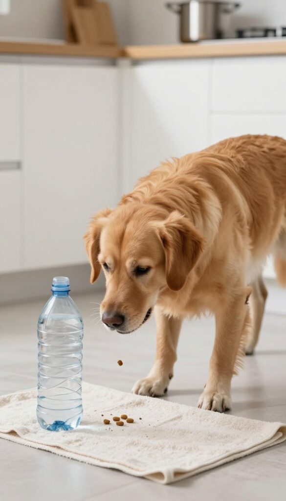Dog nudging a bottle treat dispenser with kibble falling out