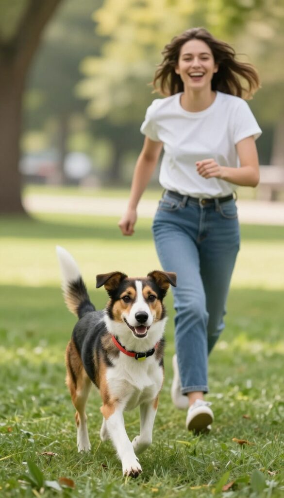 A woman running and laughing with her energetic, quirky dog in a sunny park.