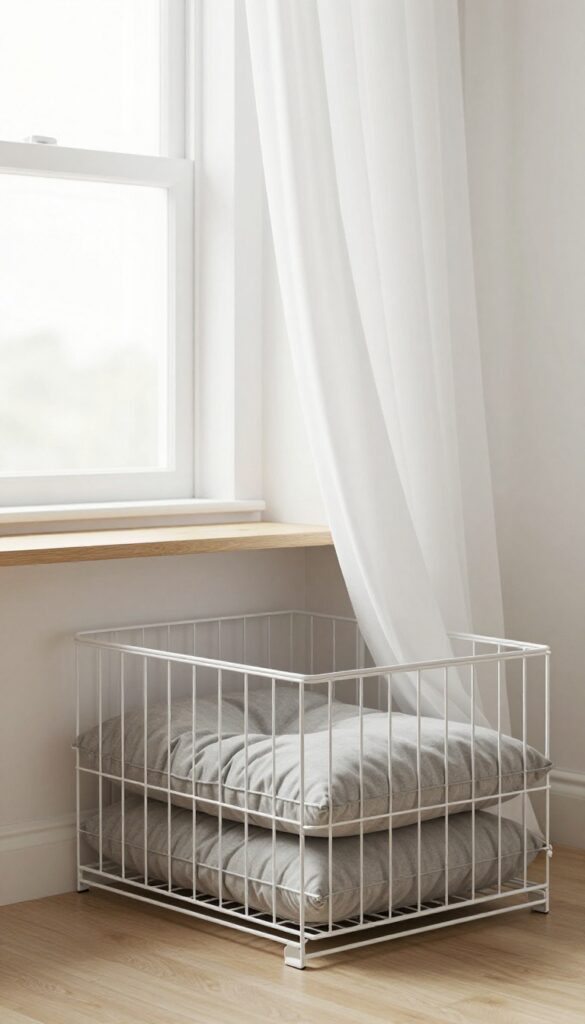 Under-counter built-in dog kennel in a laundry room, featuring a wire crate with a curtain, cushion, and natural light.