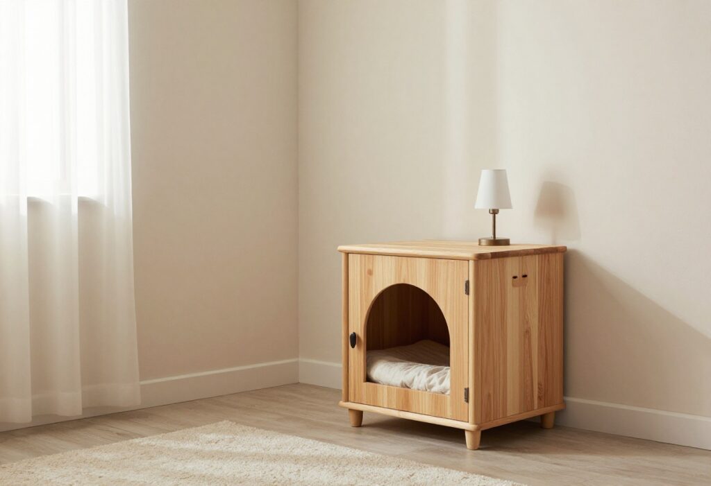 Cozy indoor dog crate styled as a side table with a lamp and soft bedding