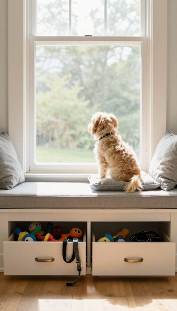 Small dog sitting on window seat bed with storage drawers underneath in bright living room