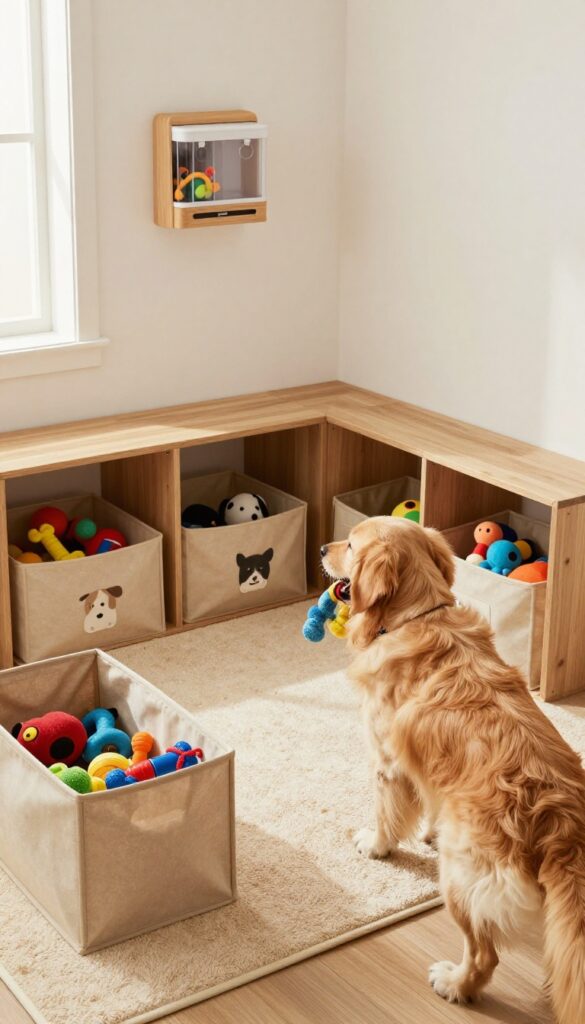 Dog playing with toys in under-stairs play corner with storage bins and treat dispenser