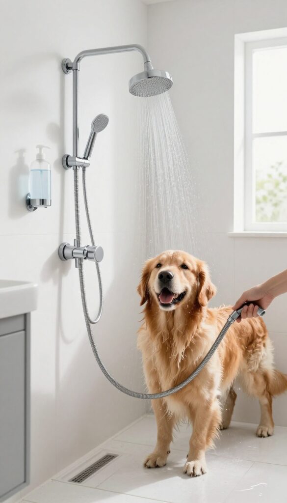 Wall-mounted dog shower system in a laundry room with a golden retriever being rinsed.