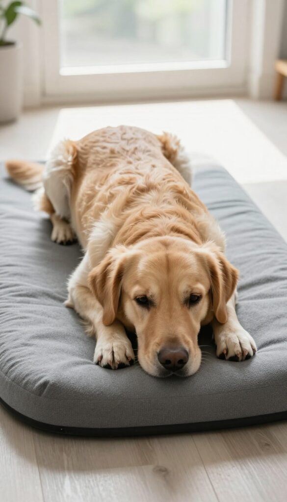 Golden Retriever resting calmly on a gray training mat in a sunlit living room, demonstrating the place command for dog training.