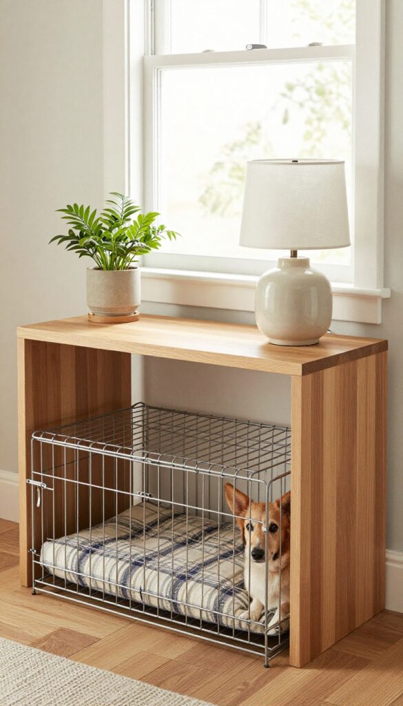 Dog peeking out of crate under console table with cushion on top