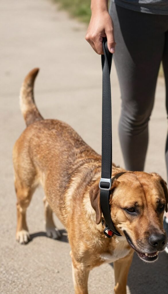 Person holding a shock-absorbing bungee leash with a sporty dog walking on a trail
