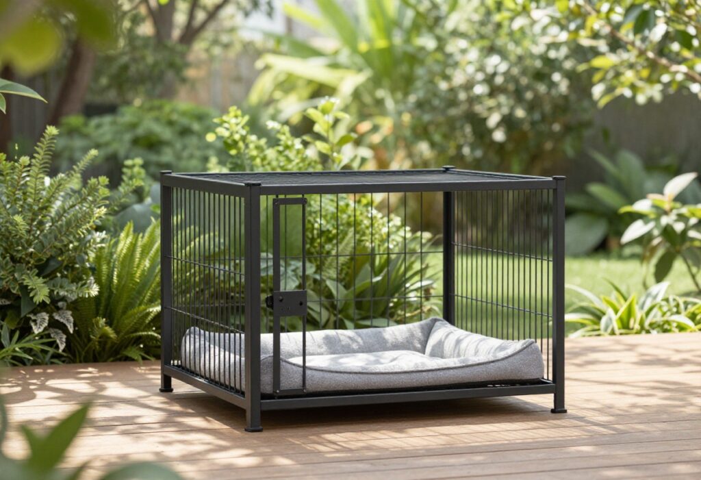 Stylish black metal dog kennel with a cozy bed in a modern backyard setting