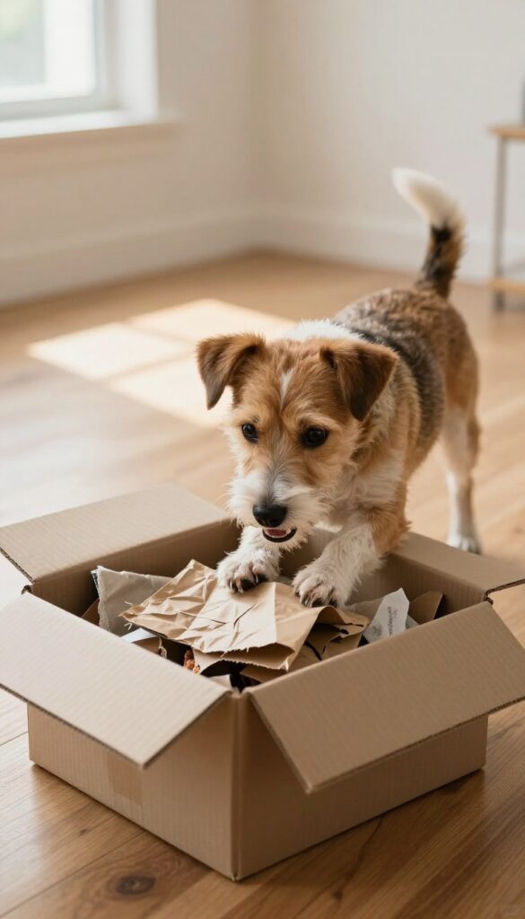 Dog digging in a cardboard box filled with crumpled paper and fabric strips