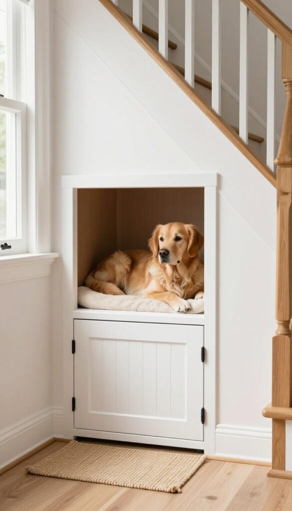 Indoor dog house with Dutch door under stairs, cozy and bright