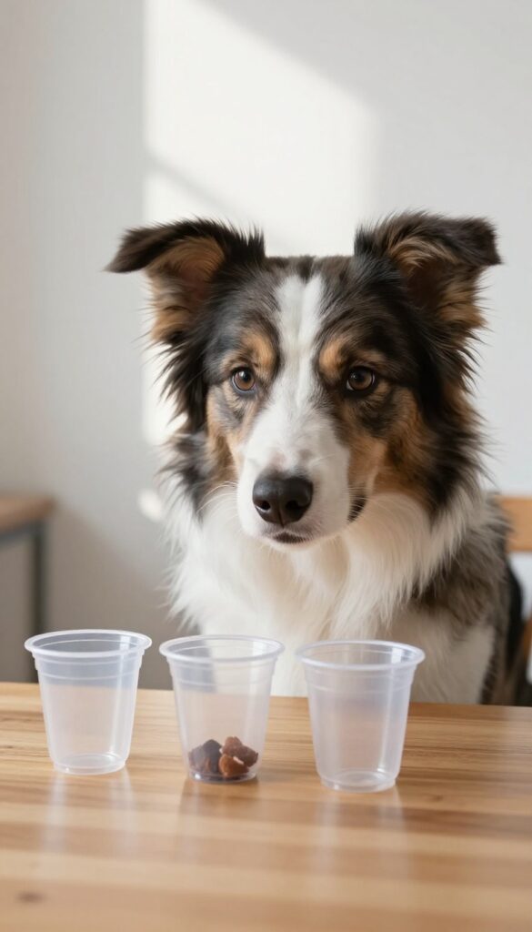 Dog playing shell game with three cups on a wooden table, one cup tipped over revealing a treat.