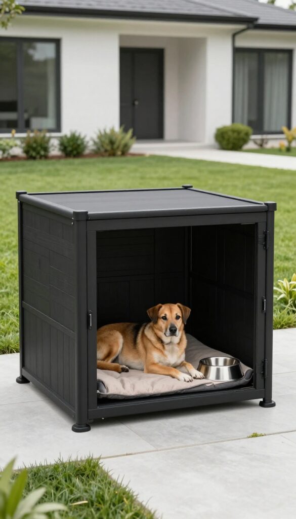 Minimalist black metal dog kennel with clean lines in a modern backyard