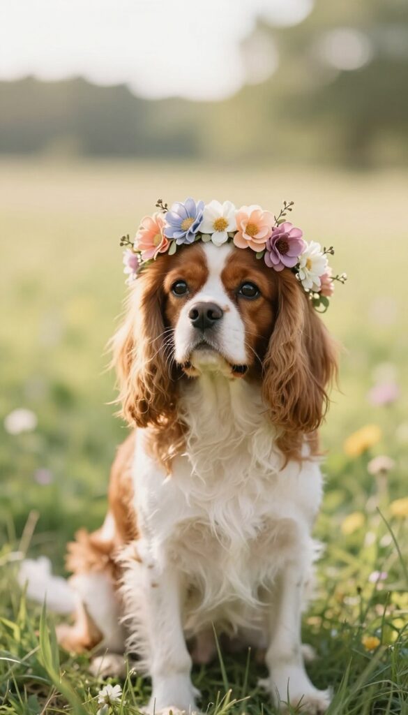 Cavalier King Charles Spaniel wearing a flower crown in a sunlit meadow